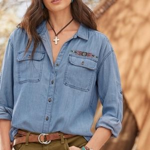 SUNDANCE Charlotte Chambray Shirt Tribal Embroidered Denim